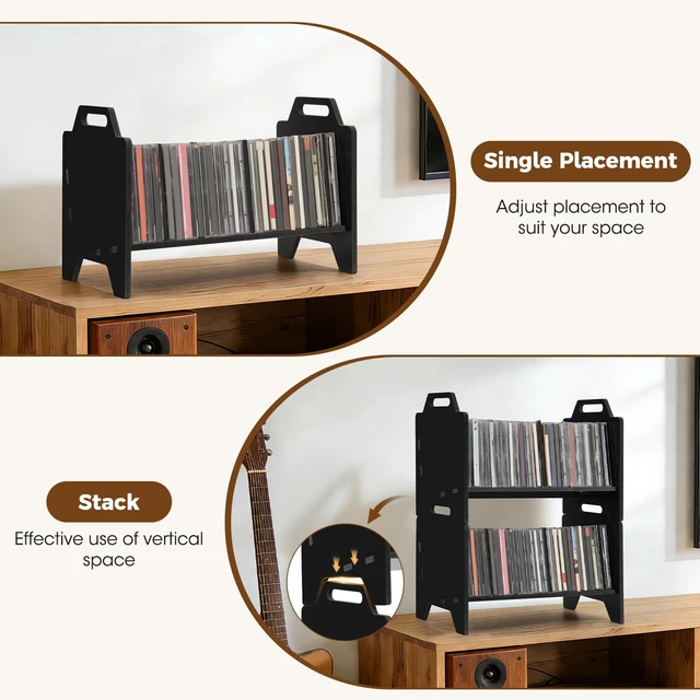 Alt view image 6 of 7 - 2 Pack Stackable CD Holder Organizer Rack, CD Storage Tower Shelf Holds up to 56 CD Cases, Jewel Case Display Stand Fit for Theatre Room - Black