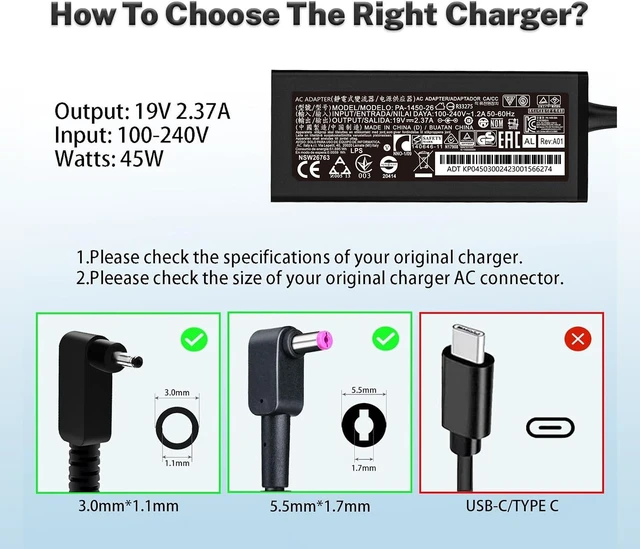 Alt view image 7 of 7 - N20C5 N23C3 N19H1 N19H2 N20C4 N23H1 45W 3.0 * 1.1mm Small Pin AC Power Charger Fit for Acer Aspire 1 3 5 r7 ADP-45FE F A314-23P a315-35 A315-23 A515-54 A515-45-r74z PA-1450-26 Laptop Adapter Cord