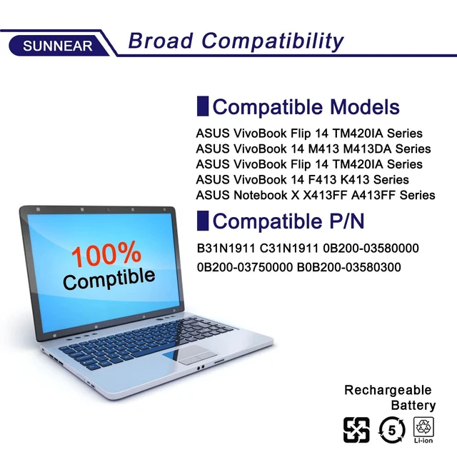 Alt view image 4 of 6 - B31N1911 C31N1911 Laptop Battery for ASUS VivoBook Flip 14 M413 F413 K413 11.55V 42Wh Battery Replacement for ASUS VivoBook Flip 14 M413DA TM420IA K413 X413 Series; C31N1911 0B200-03580000