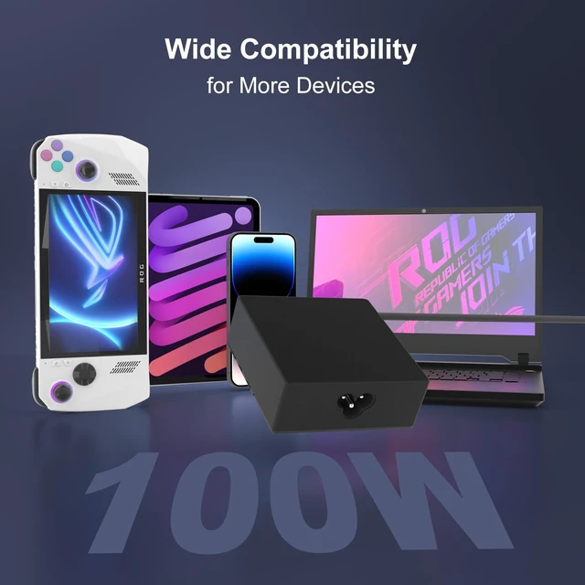Alt view image 6 of 7 - 100W 65W USB C Charger Compatible with ASUS ROG Ally X/Z1 Legion Go Flow X13,Zephyrus G14/G16,Duo14,Strix G18,Scar16,Vivobook;Steam Deck,Switch2,LegionGo Adapter
