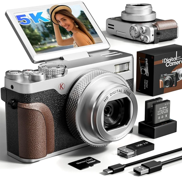 Main image of 5K 64MP Digital Camera for Photography & YouTube Vlogging - 18X Zoom UHD Autofocus Video Camera with 3" 180° Flip Screen, 64GB TF Card & 2 Batteries - Compact Travel(Sliver)