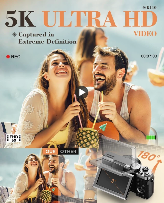 Alt view image 2 of 7 - 5K 64MP Digital Camera for Photography & YouTube Vlogging - 18X Zoom UHD Autofocus Video Camera with 3" 180° Flip Screen, 64GB TF Card & 2 Batteries - Compact Travel(Sliver)