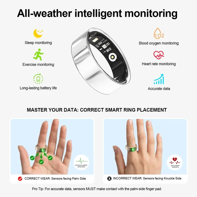 Alt view image 2 of 7 - Smart Ring for Women Men Health Tracker Ring No APP Fee 7-Day Battery Life IP68 Waterproof Sleep Step Monitor(Silver, 7)