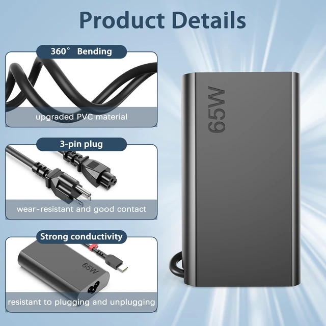 Alt view image 5 of 7 - Slim 65W USB C Laptop Charger Compatible with Lenovo ThinkPad for Lenovo ThinkPad T14 T15 T16 X1 T490, ThinkBook 14 16, Chromebook/Yoga Type C Laptop Power Adapter