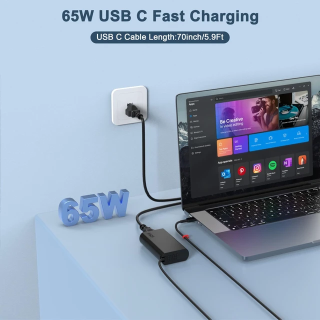 Alt view image 2 of 7 - Slim 65W USB C Laptop Charger Compatible with Lenovo ThinkPad for Lenovo ThinkPad T14 T15 T16 X1 T490, ThinkBook 14 16, Chromebook/Yoga Type C Laptop Power Adapter