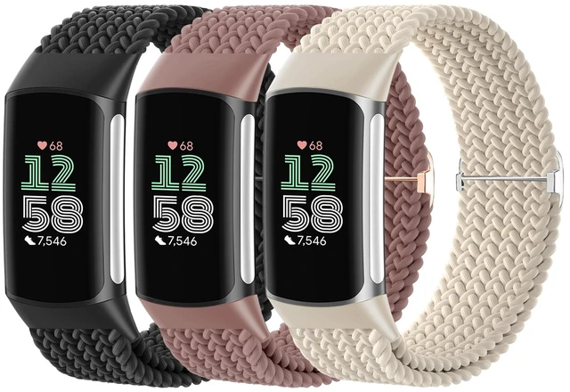 Main image of Braided Solo Loop Bands Compatible with Fitbit Charge 6/Charge 5, 3 Pack Adjustable Stretchy Wristbands Soft Woven Nylon Replacement for Fitbit Charge 5/Charge 6 Tracker Smart Watch for Women Men
