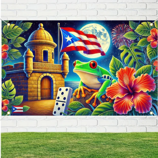 Alt view image 6 of 6 - Puerto Rican Flag Banner 71x43 in Puerto Rico Party Decorations Indoor Outdoor Party Decor Puerto Rico Events Festivals Wall Banner Hibiscus and Frog Design for Home and Events