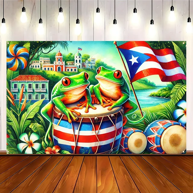 Main image of Puerto Rico Flag Banner 71x43 in Tropical Island Decor Caribbean Festival Decor, Puerto Rico Wall Backdrop for Home, Fiesta and Photo Booth, Tropical Island Scene