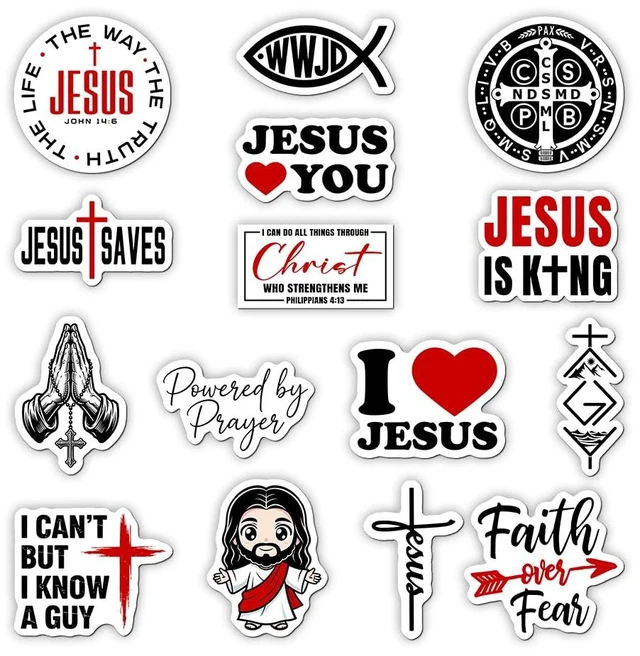 Main image of 15 PCS Christian Stickers 2 Inch Jesus Faith Over Fear WWJD Saint Benedict Medal Catholic Religious Vinyl Decals Pack, Bible Verse Laptop Water Bottle Phone Stickers Christian Gifts (2 Inches)