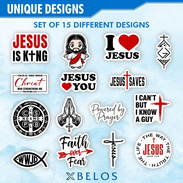 Alt view image 7 of 7 - 15 PCS Christian Stickers 2 Inch Jesus Faith Over Fear WWJD Saint Benedict Medal Catholic Religious Vinyl Decals Pack, Bible Verse Laptop Water Bottle Phone Stickers Christian Gifts (2 Inches)