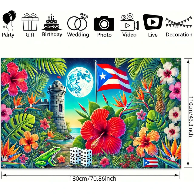 Alt view image 3 of 6 - Puerto Rico Flag Banner 71x43 in Tropical Island Party Decor Caribbean Festival Decor and Puerto Rico Wall Backdrop for Home, Photos, Tropical Island Flag Night Theme