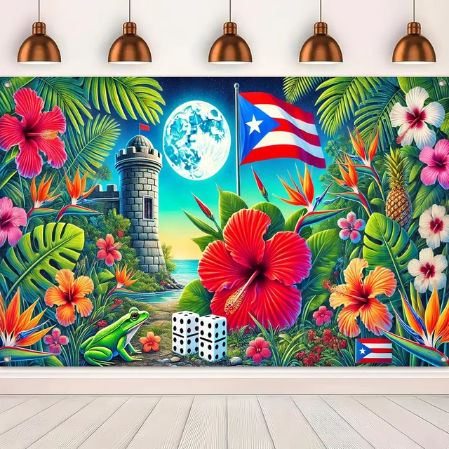 Alt view image 5 of 6 - Puerto Rico Flag Banner 71x43 in Tropical Island Party Decor Caribbean Festival Decor and Puerto Rico Wall Backdrop for Home, Photos, Tropical Island Flag Night Theme
