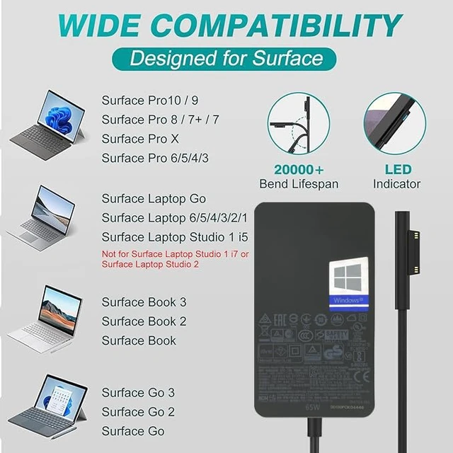 Alt view image 2 of 7 - 65W Surface Pro Charger,Surface Laptop Charger Compatible for Microsoft Surface Pro12 11 10 9 8 7+ 7 6 5 4 X,Compatible1867 1868 1872 1873 1943 1951 2036 Laptop7 6 5 4 3 2 1,Surface Charger