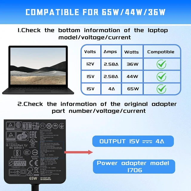 Alt view image 3 of 7 - 65W Surface Pro Charger,Surface Laptop Charger Compatible for Microsoft Surface Pro12 11 10 9 8 7+ 7 6 5 4 X,Compatible1867 1868 1872 1873 1943 1951 2036 Laptop7 6 5 4 3 2 1,Surface Charger