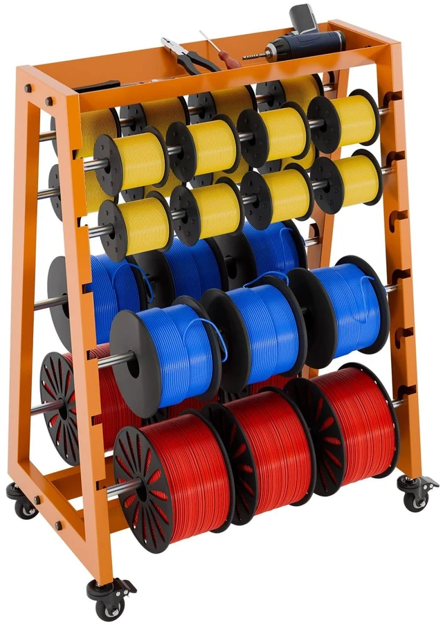 Main image of Wire Spool Rack with Tool Box, Heavy Duty 8-Rod Adjustable Cable Dispenser with Locking Wheels, 400LB Capacity Wire Holder Organizer for Electrical, Industrial and Retail Use