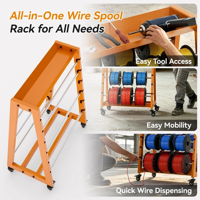 Alt view image 2 of 7 - Wire Spool Rack with Tool Box, Heavy Duty 8-Rod Adjustable Cable Dispenser with Locking Wheels, 400LB Capacity Wire Holder Organizer for Electrical, Industrial and Retail Use