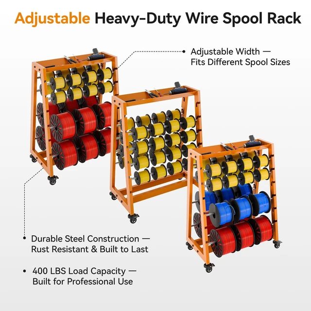 Alt view image 3 of 7 - Wire Spool Rack with Tool Box, Heavy Duty 8-Rod Adjustable Cable Dispenser with Locking Wheels, 400LB Capacity Wire Holder Organizer for Electrical, Industrial and Retail Use