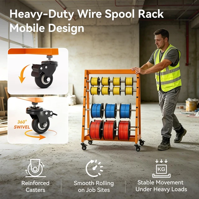 Alt view image 4 of 7 - Wire Spool Rack with Tool Box, Heavy Duty 8-Rod Adjustable Cable Dispenser with Locking Wheels, 400LB Capacity Wire Holder Organizer for Electrical, Industrial and Retail Use
