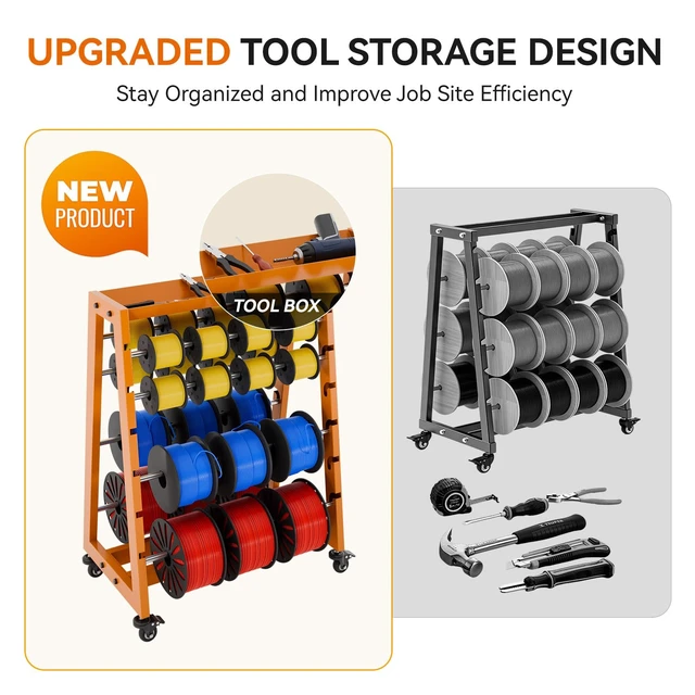 Alt view image 5 of 7 - Wire Spool Rack with Tool Box, Heavy Duty 8-Rod Adjustable Cable Dispenser with Locking Wheels, 400LB Capacity Wire Holder Organizer for Electrical, Industrial and Retail Use