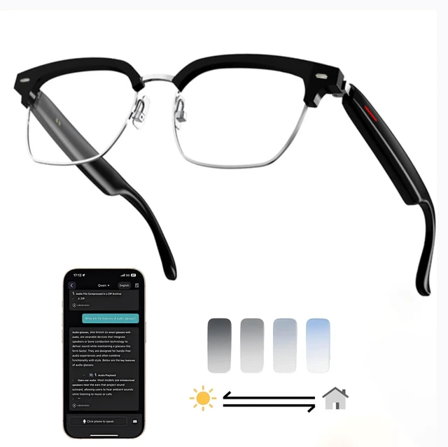 Main image of Silver AI Smart Glasses:164+ Languages Translation & Bluetooth Audio Photochromic lenses,170mAh battery,audio