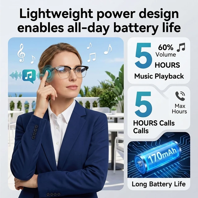 Alt view image 5 of 7 - Silver AI Smart Glasses:164+ Languages Translation & Bluetooth Audio Photochromic lenses,170mAh battery,audio