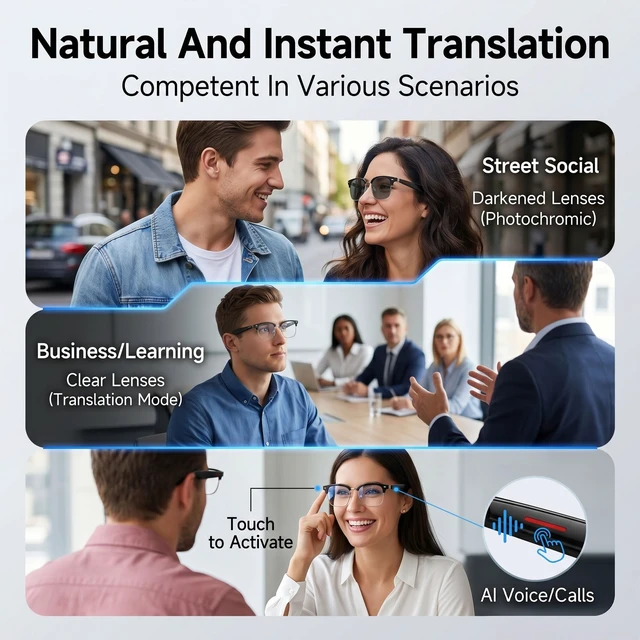 Alt view image 6 of 7 - Silver AI Smart Glasses:164+ Languages Translation & Bluetooth Audio Photochromic lenses,170mAh battery,audio