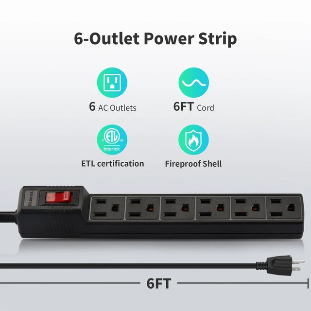 Alt view image 2 of 7 - Power Strip Surge Protector 6 FT 6 Outlets Surge Protector, 1875W/15A 90 Joules, Overload & Surge Protection, Wall Mount for Home, ETL Listed Black, 2 Pack