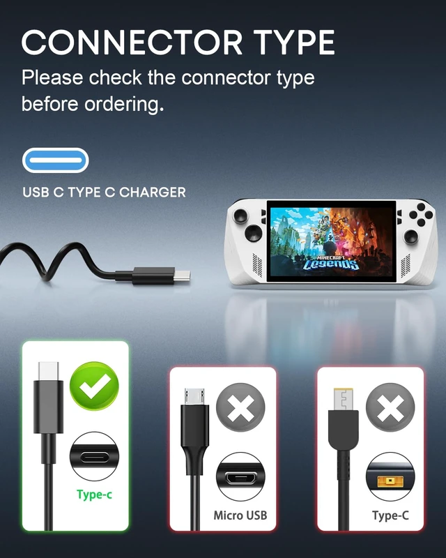 Alt view image 7 of 7 - 100W 65W USB C Charger Compatible with ASUS ROG Ally X Series Compatible with ASUS ROG Ally X/Z1/RC71L, ROG Flow X13/Z13, Legion Go S, MSI Claw Handheld Gaming Console