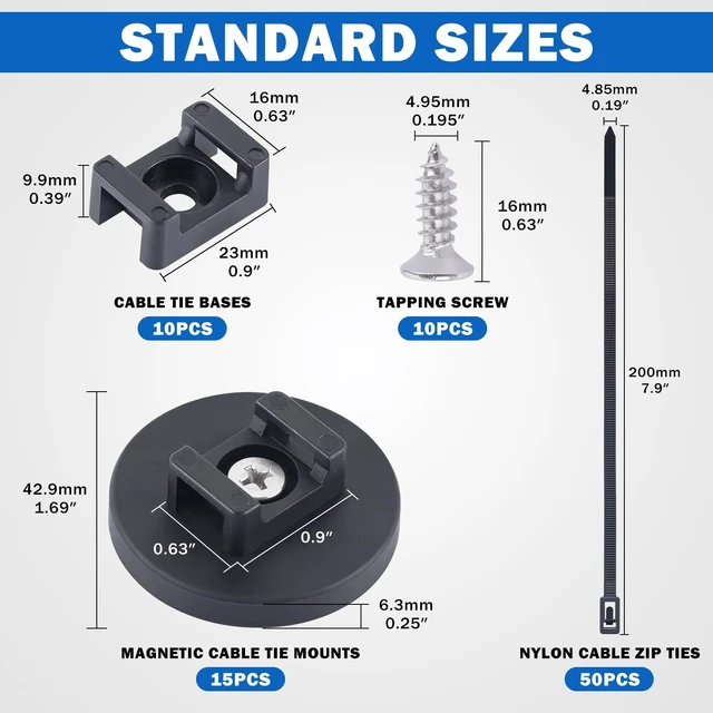 Alt view image 2 of 7 - Magnetic Cable Zip Tie Mounts, Heavy Duty Magnet Wire Holder Including 50 Pcs Zip Ties & 20 Pcs Cable Tie Mounts with Tapping Screws for Wire Organization(43mm 85 Pcs)
