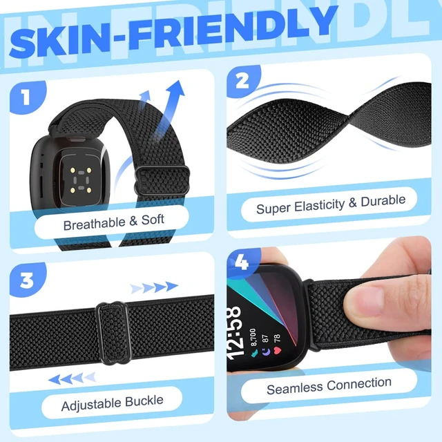 Alt view image 2 of 7 - 10 Pack Elastic Nylon Bands Compatible With Fitbit Versa 4/Sense 2/Versa 3/Sense - Adjustable Stretchy Straps for Women Men, Replacement Sport Loop Wristband