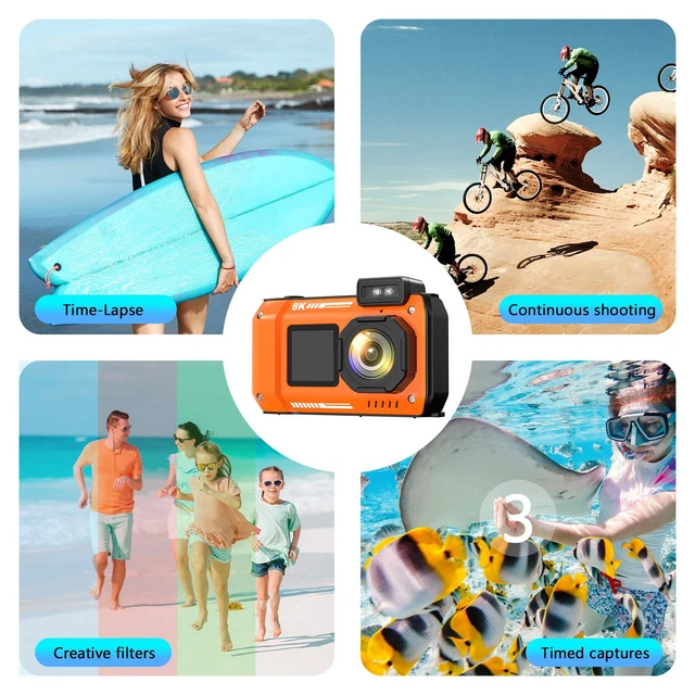Alt view image 7 of 7 - 8K Underwater Camera 33FT Waterproof Camera with 64GB Card 70MP 18X Zoom Waterproof Digital Camera Auto Focus Dual-Screen Selfie 2500mAh Battery Dustproof Shockproof