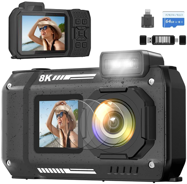 Main image of 8K Waterproof Digital Camera Snorkeling: 70MP 33FT Compact Rugged Underwater Camera HD Dual-Screen with 18X Zoom Selfie 64GB Card & 2500 mAh Battery for Outdoor Scuba Diving Fishing Swimming Black