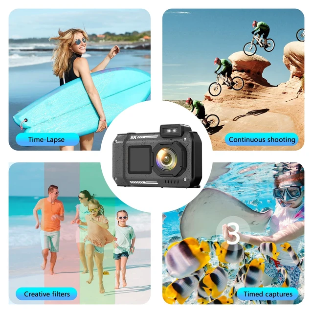 Alt view image 7 of 7 - 8K Waterproof Digital Camera Snorkeling: 70MP 33FT Compact Rugged Underwater Camera HD Dual-Screen with 18X Zoom Selfie 64GB Card & 2500 mAh Battery for Outdoor Scuba Diving Fishing Swimming Black