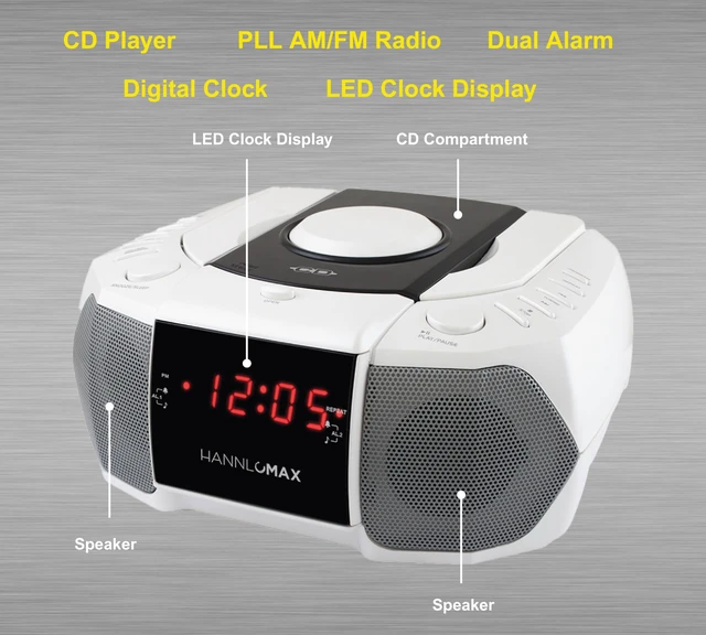 Alt view image 3 of 5 - HX-334CD CD Player with Alarm Clock Radio (White) AM/FM Radio, Digital Clock, Dual Alarm, LED Display, Aux-in, AC Power Source