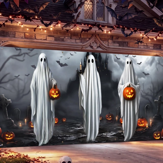 Main image of 7 x 16 ft Halloween Garage Door Cover Banner Decoration Outdoor Waterproof Polyester, Ghost Graveyard Pumpkin, Halloween Party Scene Setting, for Garage Backdrop Background Spooky Wall