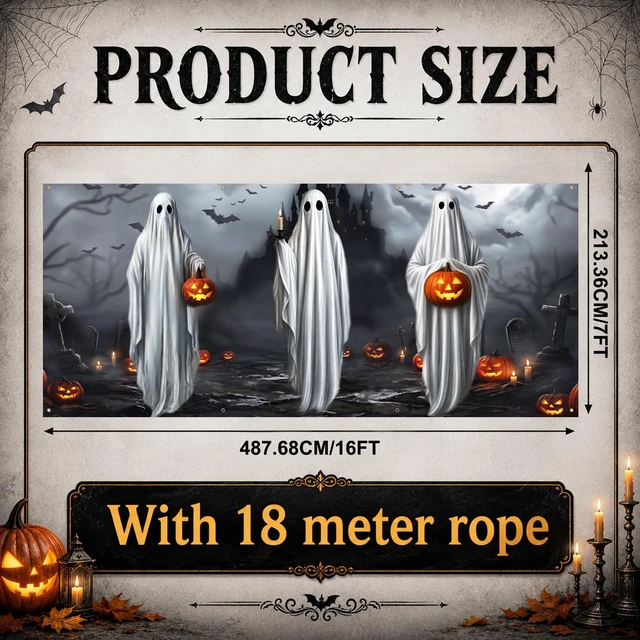 Alt view image 3 of 6 - 7 x 16 ft Halloween Garage Door Cover Banner Decoration Outdoor Waterproof Polyester, Ghost Graveyard Pumpkin, Halloween Party Scene Setting, for Garage Backdrop Background Spooky Wall