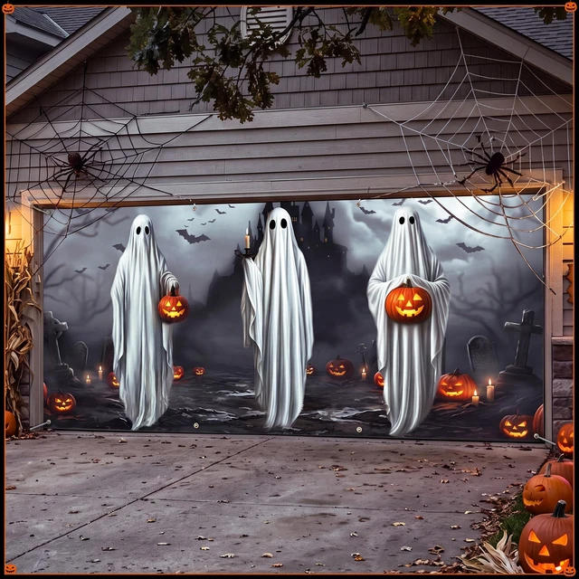 Alt view image 4 of 6 - 7 x 16 ft Halloween Garage Door Cover Banner Decoration Outdoor Waterproof Polyester, Ghost Graveyard Pumpkin, Halloween Party Scene Setting, for Garage Backdrop Background Spooky Wall