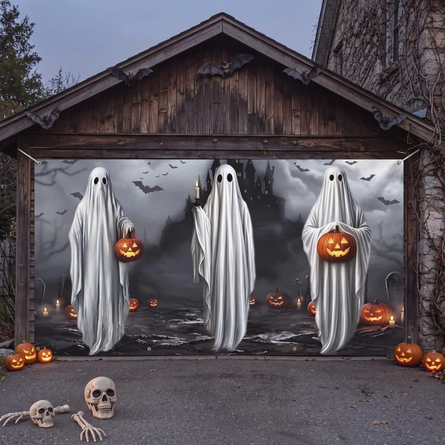 Alt view image 5 of 6 - 7 x 16 ft Halloween Garage Door Cover Banner Decoration Outdoor Waterproof Polyester, Ghost Graveyard Pumpkin, Halloween Party Scene Setting, for Garage Backdrop Background Spooky Wall
