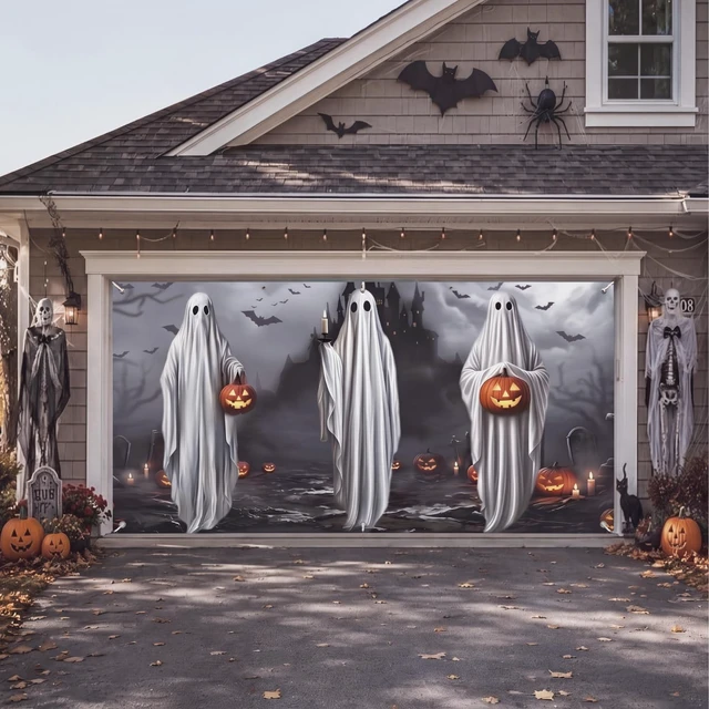 Alt view image 6 of 6 - 7 x 16 ft Halloween Garage Door Cover Banner Decoration Outdoor Waterproof Polyester, Ghost Graveyard Pumpkin, Halloween Party Scene Setting, for Garage Backdrop Background Spooky Wall