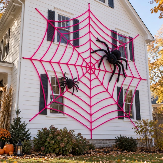 Alt view image 4 of 7 - 16.4 Ft Giant Halloween Pink Spider Web Decoration, Cute Cobweb Wall Decor Giant Kawaii Halloween Wall Backdrop, Pink Theme Party Decor, Soft Material, Haunted House Home Outdoor Indoor Wall Decor