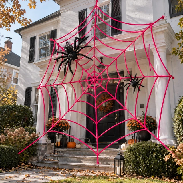 Alt view image 5 of 7 - 16.4 Ft Giant Halloween Pink Spider Web Decoration, Cute Cobweb Wall Decor Giant Kawaii Halloween Wall Backdrop, Pink Theme Party Decor, Soft Material, Haunted House Home Outdoor Indoor Wall Decor