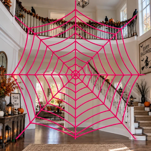 Alt view image 6 of 7 - 16.4 Ft Giant Halloween Pink Spider Web Decoration, Cute Cobweb Wall Decor Giant Kawaii Halloween Wall Backdrop, Pink Theme Party Decor, Soft Material, Haunted House Home Outdoor Indoor Wall Decor