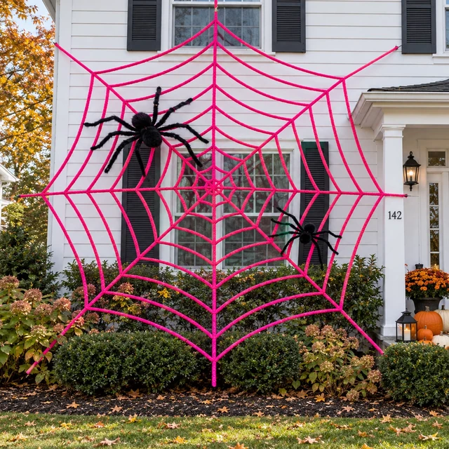 Alt view image 7 of 7 - 16.4 Ft Giant Halloween Pink Spider Web Decoration, Cute Cobweb Wall Decor Giant Kawaii Halloween Wall Backdrop, Pink Theme Party Decor, Soft Material, Haunted House Home Outdoor Indoor Wall Decor
