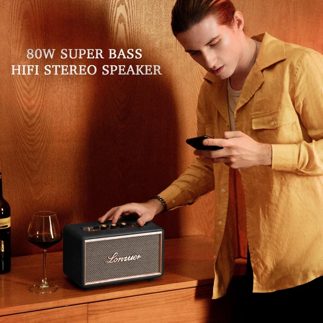 Alt view image 2 of 7 - Retro Wooden Portable Wireless 10000mAh Battery Loud Bass Subwoofer TWS Bluetooth Speaker with AUX Input, SD Card Slot, USB Port for Outdoor Party (Black)