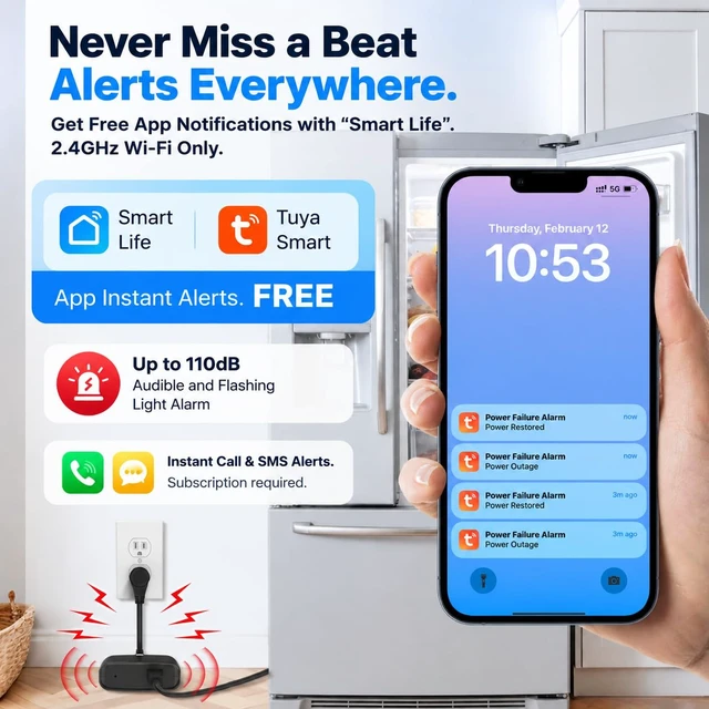 Alt view image 5 of 7 - Power Failure Alarm WiFi,Freezer Power Outage Alarm with App Alerts 110dB Alarm, LED Indicator, Protect Property with Instant Alerts for Garage Freezer, Refrigerators & Sump Pump