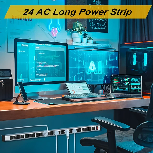 Alt view image 2 of 7 - Long Power Strip 24-Outlet ETL Certified Heavy Duty Metal Power Strip 10 ft Extension Cord with Multiple Outlets Garage Workshop Commercial Industrial Power Strip