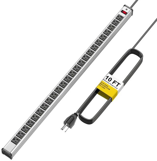 Main image of Long Power Strip 24-Outlet ETL Certified Heavy Duty Metal Power Strip 10 ft Extension Cord with Multiple Outlets Garage Workshop Commercial Industrial Power Strip