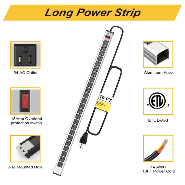 Alt view image 4 of 7 - Long Power Strip 24-Outlet ETL Certified Heavy Duty Metal Power Strip 10 ft Extension Cord with Multiple Outlets Garage Workshop Commercial Industrial Power Strip