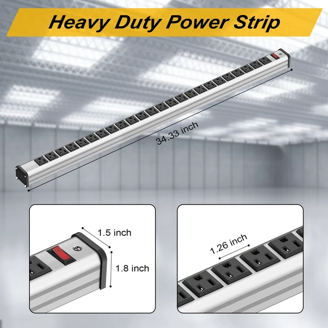 Alt view image 6 of 7 - Long Power Strip 24-Outlet ETL Certified Heavy Duty Metal Power Strip 10 ft Extension Cord with Multiple Outlets Garage Workshop Commercial Industrial Power Strip