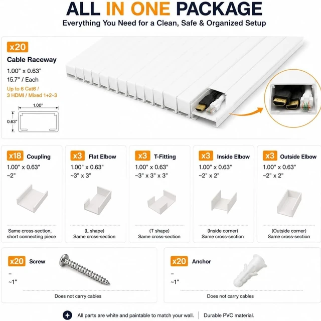 Alt view image 2 of 7 - 315in Cable Raceway Kit, Cord Cover Wall Cord Hider, PVC Wire Hider Wall Mount for TV Computer Office - Self-Adhesive Wire Cover Cable Management Kit, Paintable White Cord Organizer